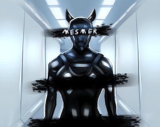 Cover for the game Mesmer. A slender latex drone faces forward, its sex and eyes are obscured by a digital censor bar