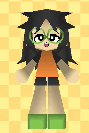 A rotating character with long hair and green eyeglasses