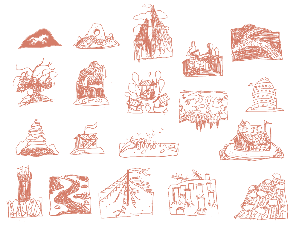 Sketchy illustration of a series of map icons. There are tres, mountains, stone walls on winding hills, towers and wooden houses and fields of sheep, amongst other ragged icons.