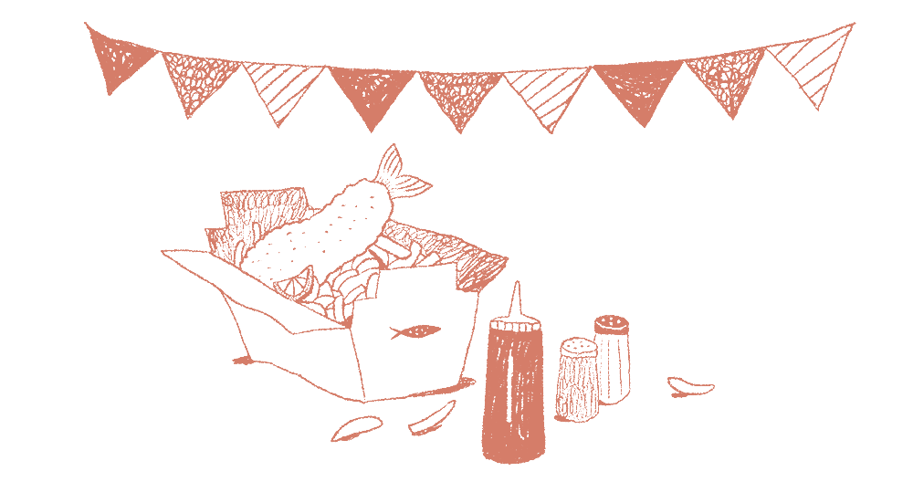 Sketchy illustration. A box of fish and chips with a slice of lemon, next to a squeezy bottle of ketchup, and a pair of salt and pepper shakers. Above the box is a string of triangular bunting.