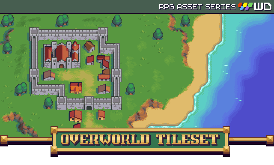 Pixel art map with a walled castle, village buildings, trees, and coastline. Banner reads 'Overworld Tileset'.