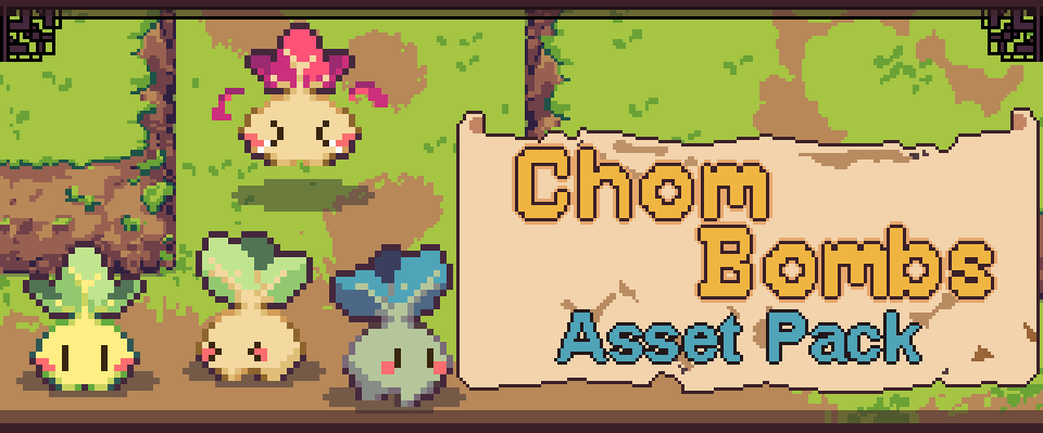 Pixel art banner with three colorful plant-like creatures and a sign reading 'Chom Bombs Asset Pack'