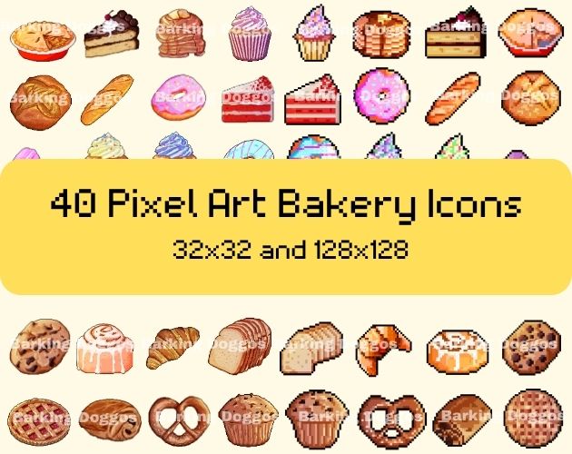 Food Pixel Art, 40 Bakery icon collection, 32x32 and 128x128