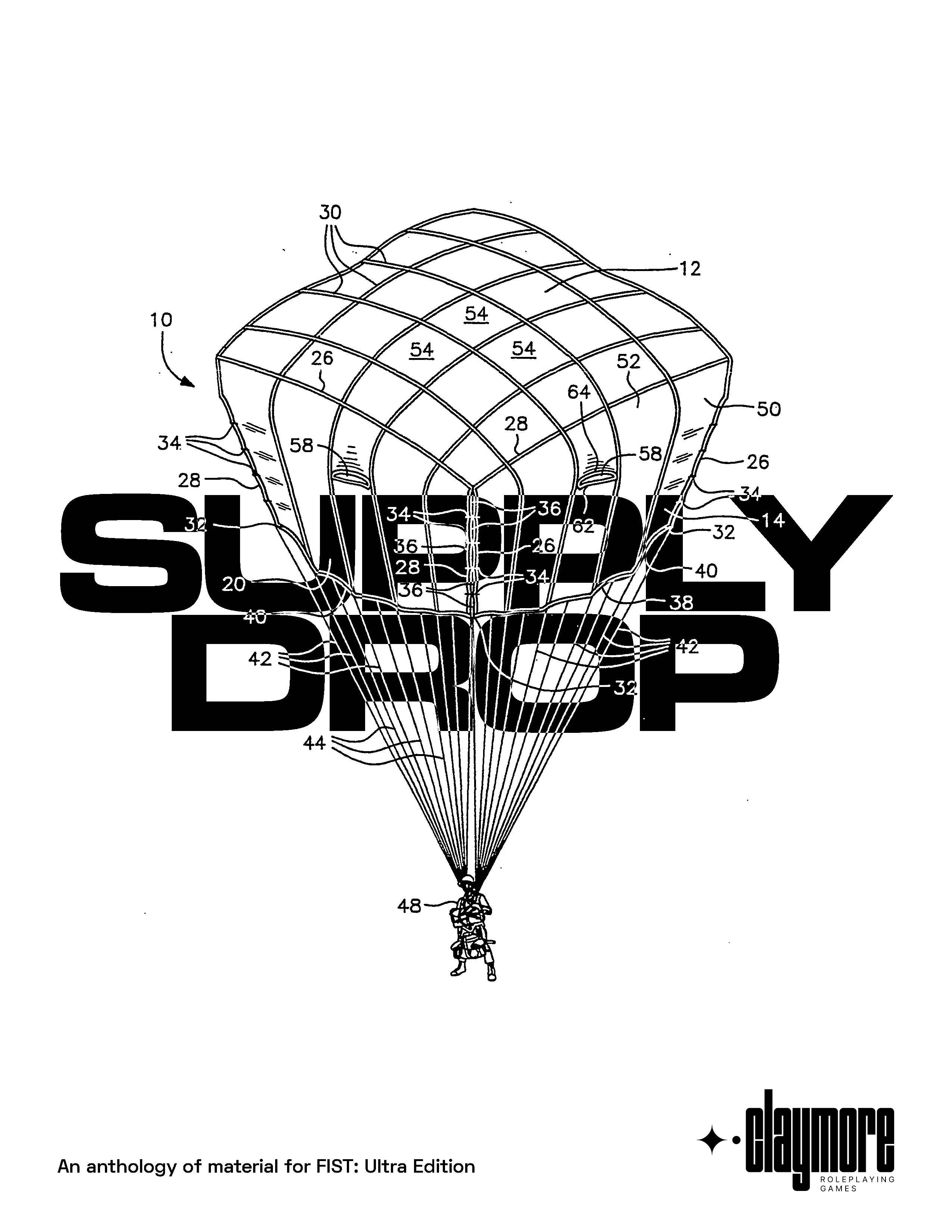 SUPPLY DROP cover, black on white, in the FIST font, with a parachute schematic overlaid. Additional text says, An anthology of material for FIST: Ultra Edition