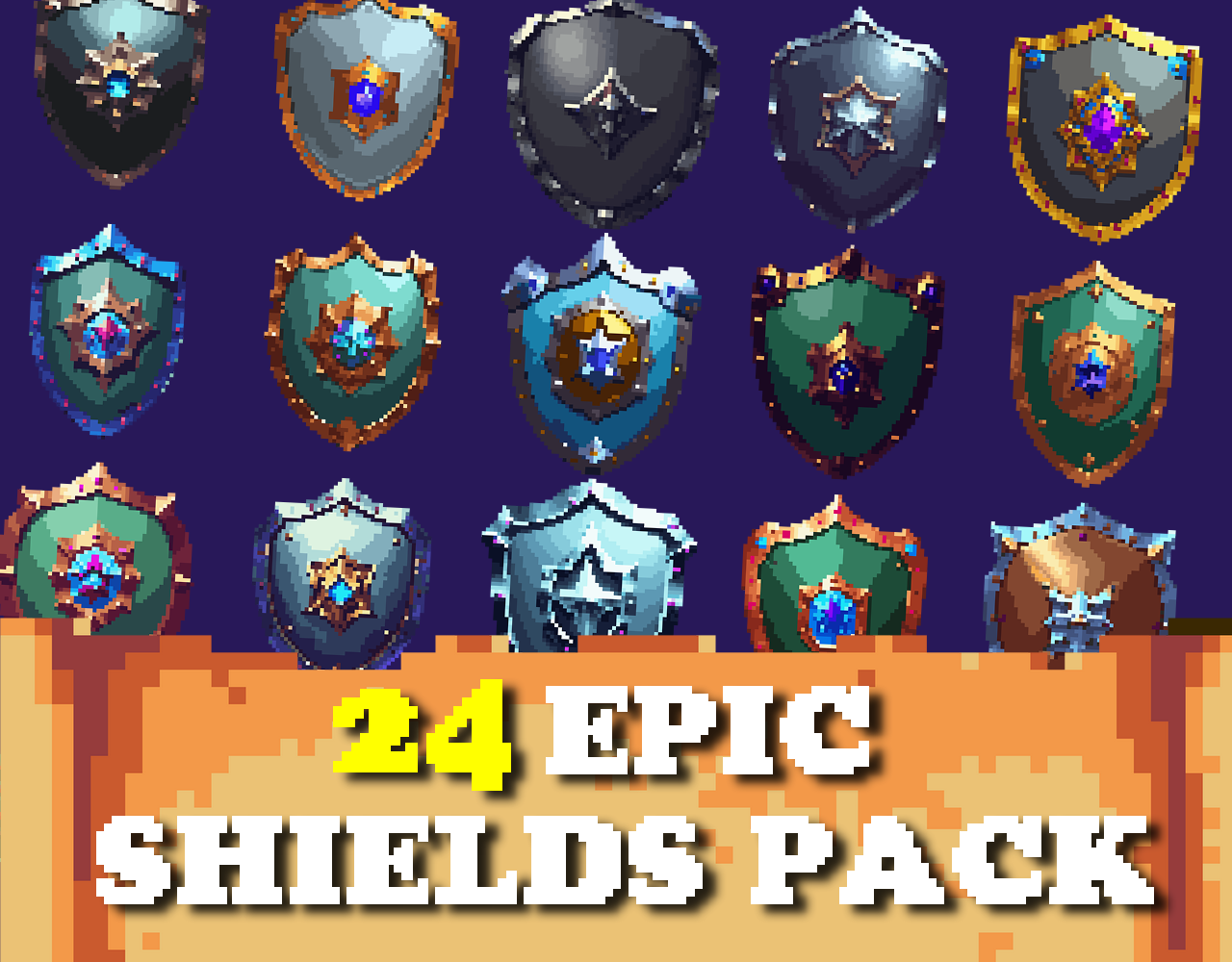 24 Fantasy Shields Assets V2 - Pixelart / Pixel Art sprite shield Pack ...