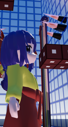 Screenshot from the game. In the background, Akyuu's corpse is impaled on a spike. Her pupils are missing, and her body and jaw stretch through the floor. In the foreground, a live Akyuu nervously glances at the viewer.