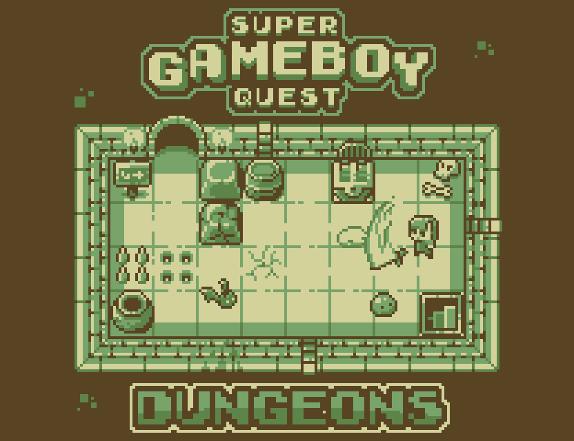 Pixel art dungeon room with a character, monsters, treasure, and the title 'Super Gameboy Quest Dungeons' above and below.