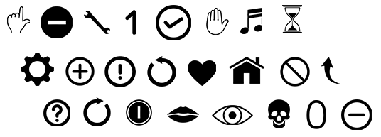 The keys follow this order: first row: hand pointing up, black token with horizontal slit, wrench, number one, check sign, hand with all fingers lifted, beam note, hourglass. Second row: sprocket, plus sign, exclamation mark, counterclock-wise, heart, house, stop sign, up arrow. Third row: question mark, clockwise arrow, token with vertical slit, mouth, eye, skull, number zero, white token with horizontal slit.