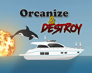 Imaxe promocional do videoxogo Orcanize & Destroy: unha orca salta sobre a auga, afastándose dunha explosión e dirixíndose cara un iate sobre o que hai homes ricos