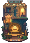 A cozy nook with the words BOOKMARK GAMEJAM 2023 at the top, and #BMGJ at the bottom. There are many bookshelves and warm lights like lanterns and braziers, as well as some trees and grasses. In the center, a blonde dog sits at a desk.