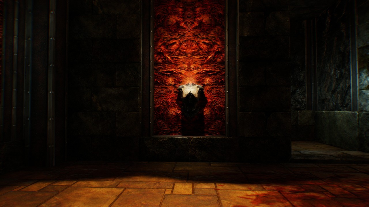 A lone torso attached to a wall of grisly gore burns as a torch in a DOOM 3 map