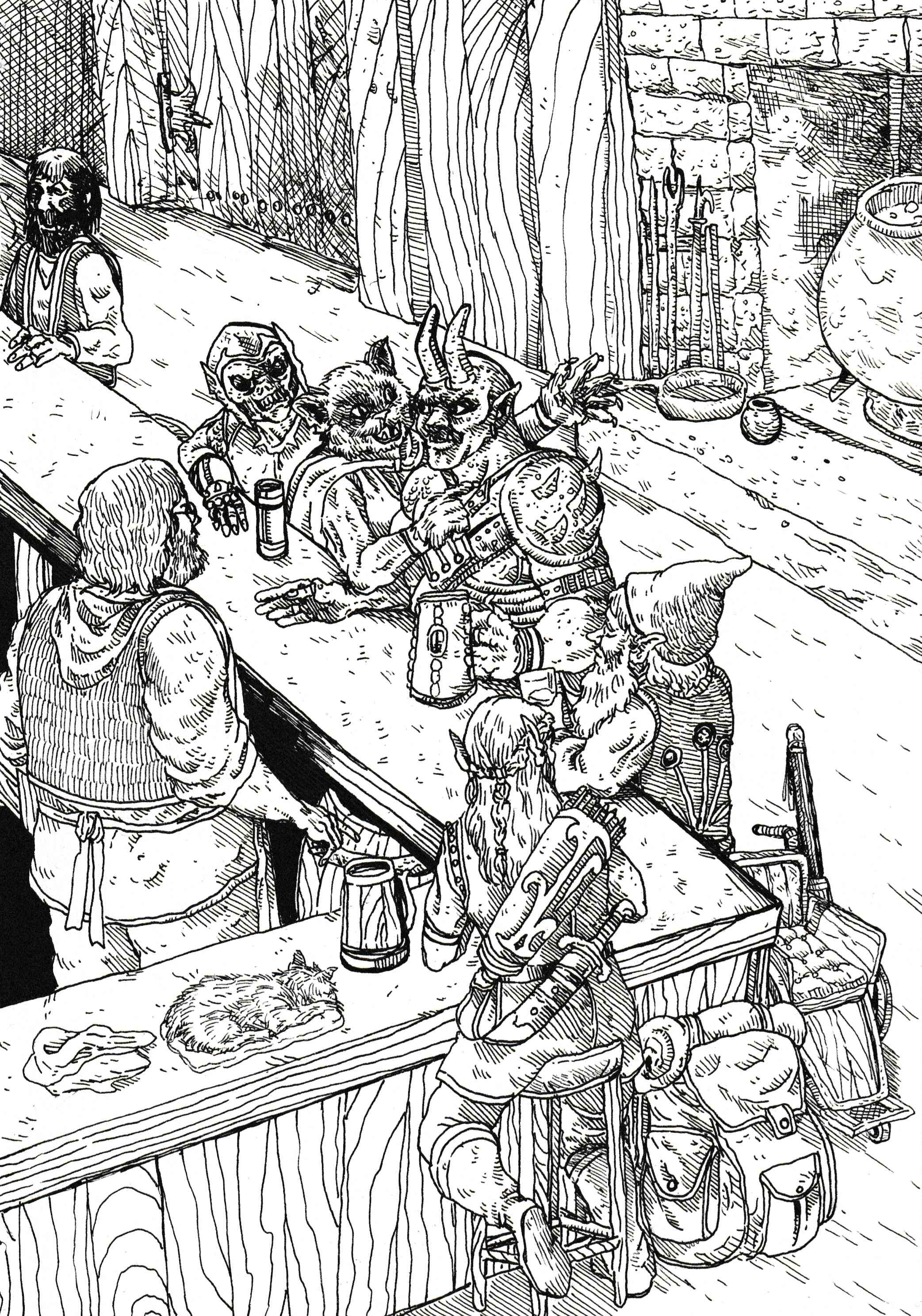 a diverse group of adventurers drink in a tavern