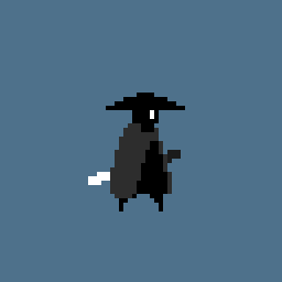 Pixel art samurai in black cloak and hat with a white sword on a blue background, walking left