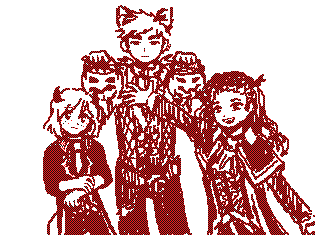 A drawing of the Math & Logic club members dressed up in Halloween costumes from Dankira the video game. On the left is Tooru in devil costume, on the right is Nyra in vampire costume, in the middle is Yuuji in werewolf costume holding two candy buckets shaped like carved pumpkins.