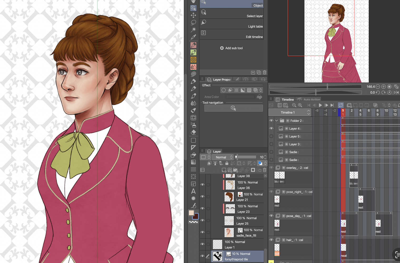 Sadie's sprite in progress in a Clip Studio Paint window.