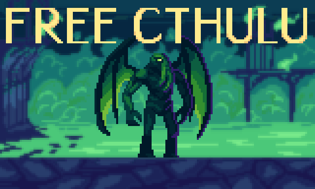 FREE CTHULHU Pixel art of a green winged creature standing in front of a glowing background with large text above.