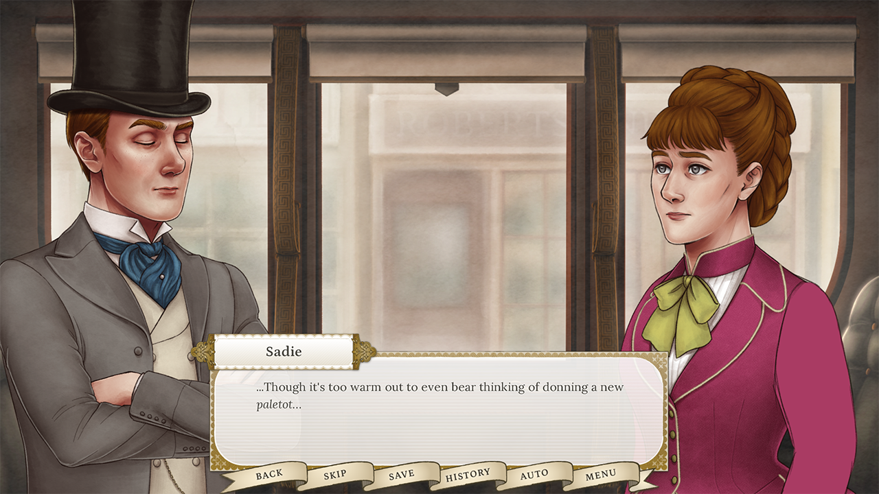 Seamus Chapter 3 Screenshot showing Seamus looking displeased as Sadie sits across him in a carriage.