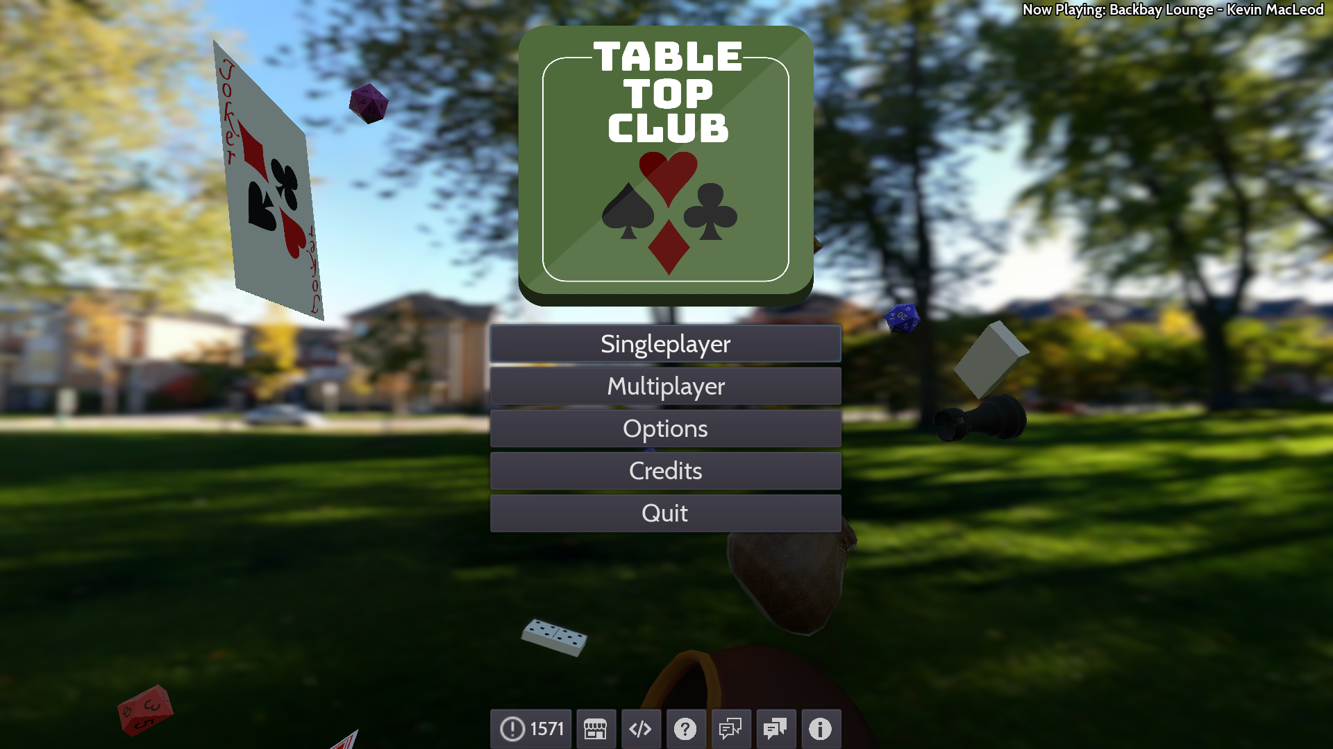 A screenshot of the main menu from the current version of the game. In the background is a park surrounded by houses, with various board game pieces like cards and dice falling from the top. The Tabletop Club logo is at the top, with a series of buttons going down the centre of the screen. At the buttom are various icon-only buttons for miscellaneous purposes.