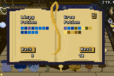 A screenshot of the game, with a deuteranopia filter applied. The recipe book is open to pages 9–10, showing the Lispy Potion and Grow Potion recipes.