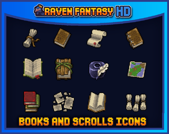 Raven Fantasy Pixel Art Icons HD - Books and Scrolls by Clockwork Raven