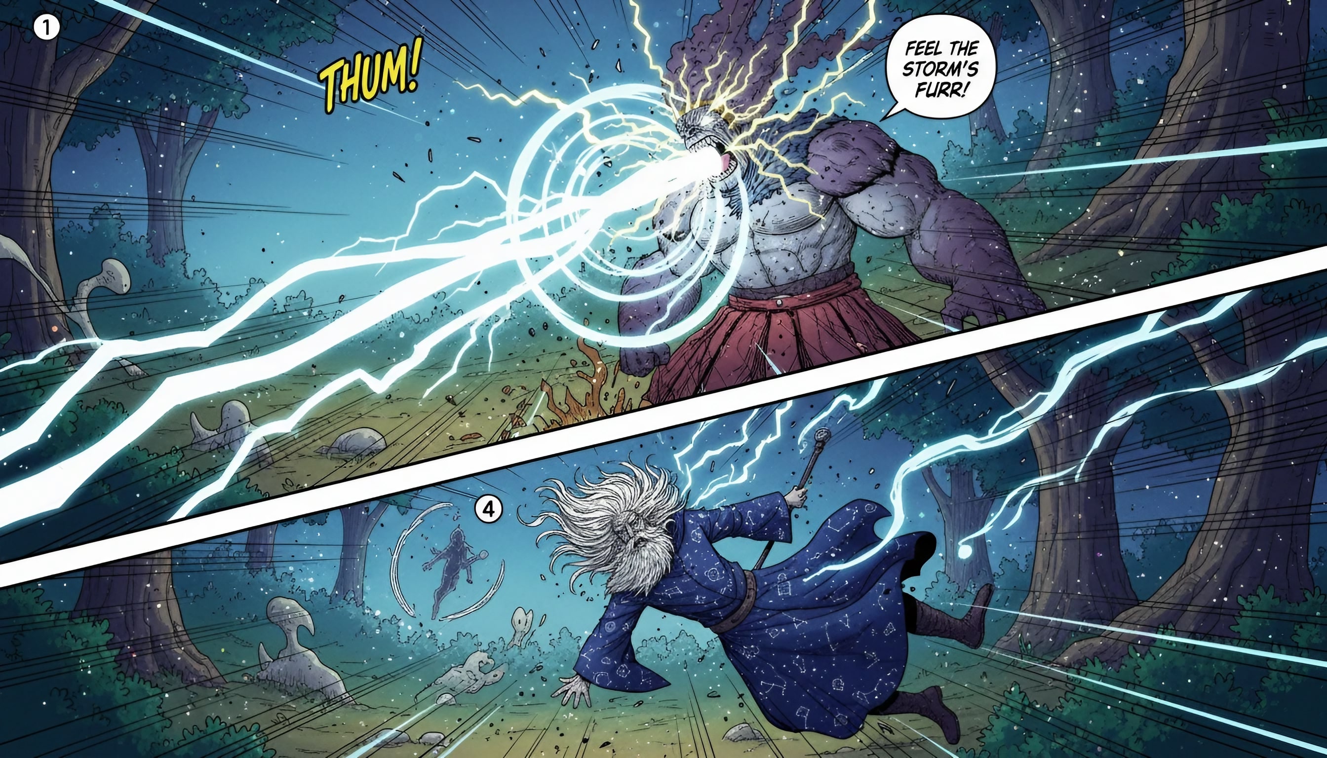 AI generated manga panel visualizing the card battle outcome Generative manga panel created by the AI Game Master to visualize a dramatic battle sequence between a wizard and elemental creatures based on the player's card prompts.