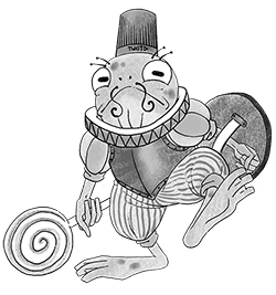 A bullywug armed with a tasty lollypop marches forth A jolly costumed bullywug