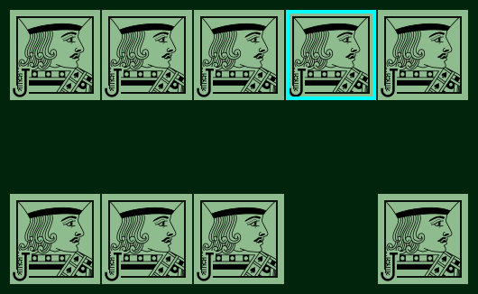 Two rows of Jacks, separated by a row of blank space. The first row has five consecutive Jacks, with the fourth outlined in cyan. The second row consists of three Jacks, a blank space, and then a single Jack.