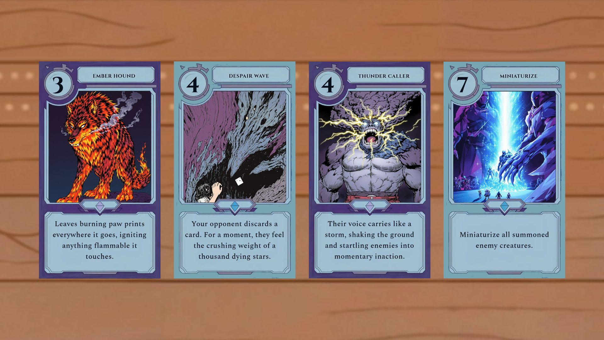 Moonfall game card collection narrative abilities showcase Moonfall card collection showcase: Examples of dnd like narrative-focused cards like 'Ember Hound' and 'Despair Wave.' These cards feature text-based abilities interpreted by the AI Game Master, rather than traditional stats.