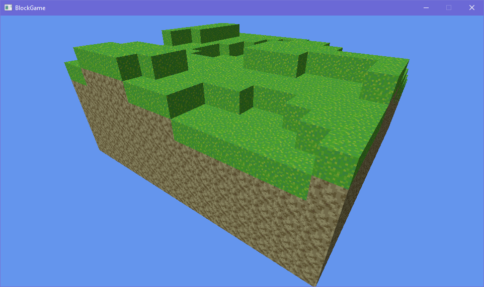 voxel terrain chunk, the top blocks are a grassy green texture while all blocks below are brown dirt voxel terrain chunk, the top blocks are a grassy green texture while all blocks below are brown dirt