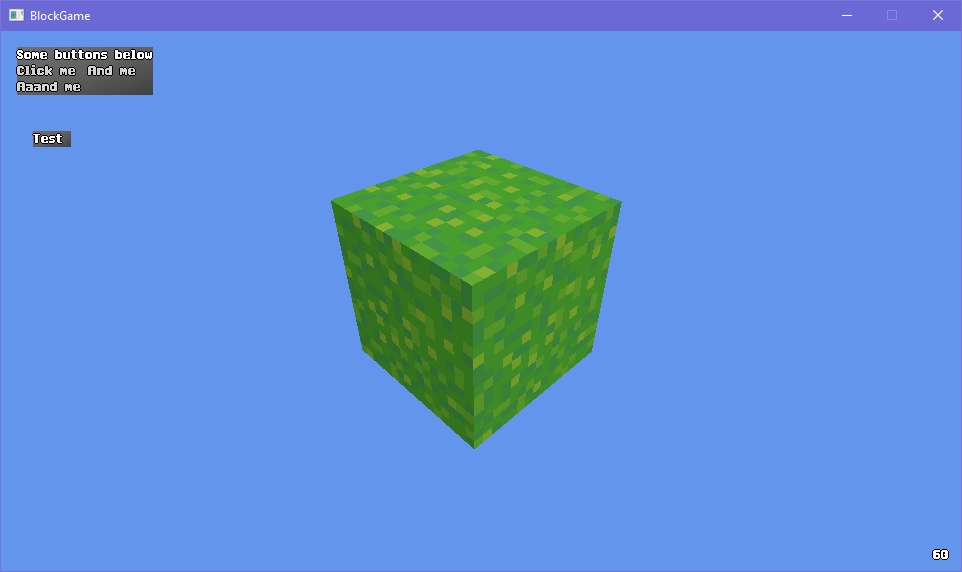 a window titled BlockGame showing a cube with a 16x16 grass texture on it on a cornflower blue background a window titled BlockGame showing a cube with a 16x16 grass texture on it on a cornflower blue background