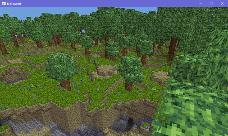 hilly voxel terrain with grass topped dirt from the vantage point of the top of a tree. there's a ravine ahead, followed by a clearing and then a cluster of trees obscuring the blue sky. ferns and purple wildflowers are dotted throughout the landscape hilly voxel terrain with grass topped dirt from the vantage point of the top of a tree. there's a ravine ahead, followed by a clearing and then a cluster of trees obscuring the blue sky. ferns and purple wildflowers are dotted throughout the landscape