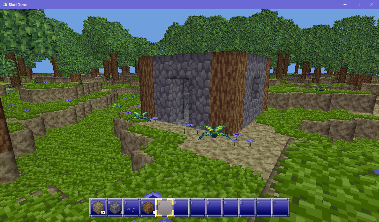 a 3 block high cobble shack with a window visible in the side and bark blocks in the corners. the front is lined with wildflowers and ferns a 3 block high cobble shack with a window visible in the side and bark blocks in the corners. the front is lined with wildflowers and ferns