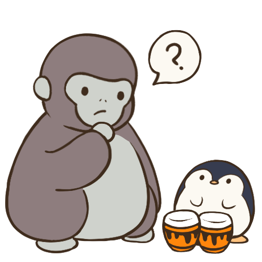 A perplexed cartoon gorilla looking at a penguin playing with bongos