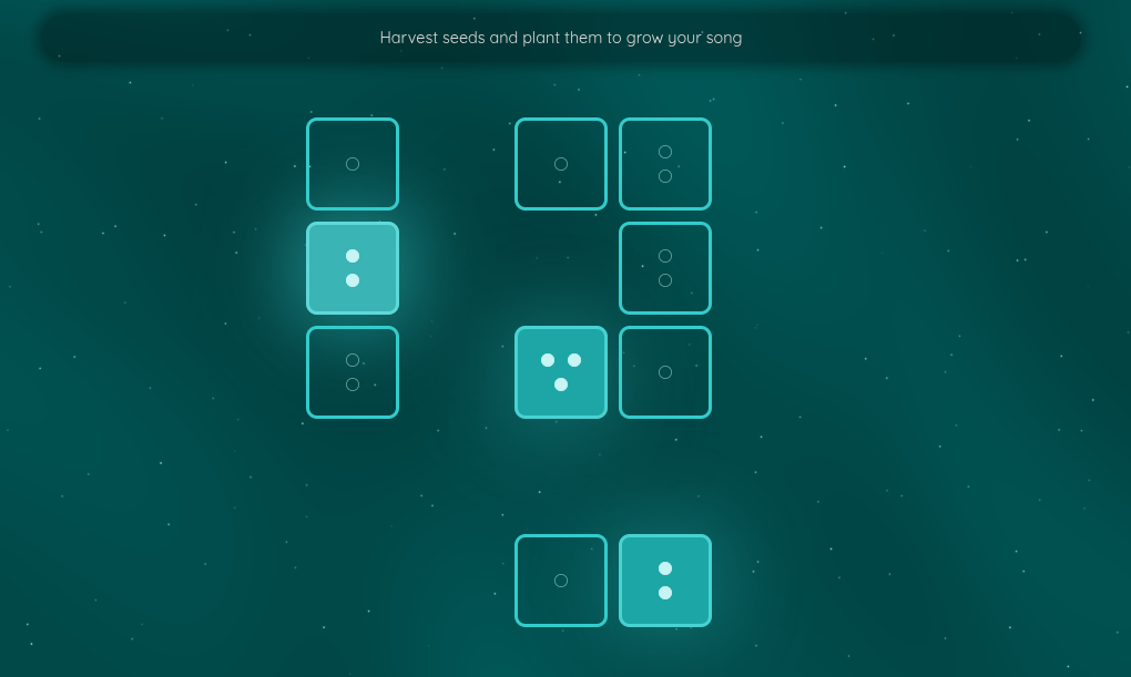 Screenshot of the tutorial. Most of the tiles are disabled, except for 3. Above, the text “Harvest seeds annd plant them to grow your song”.