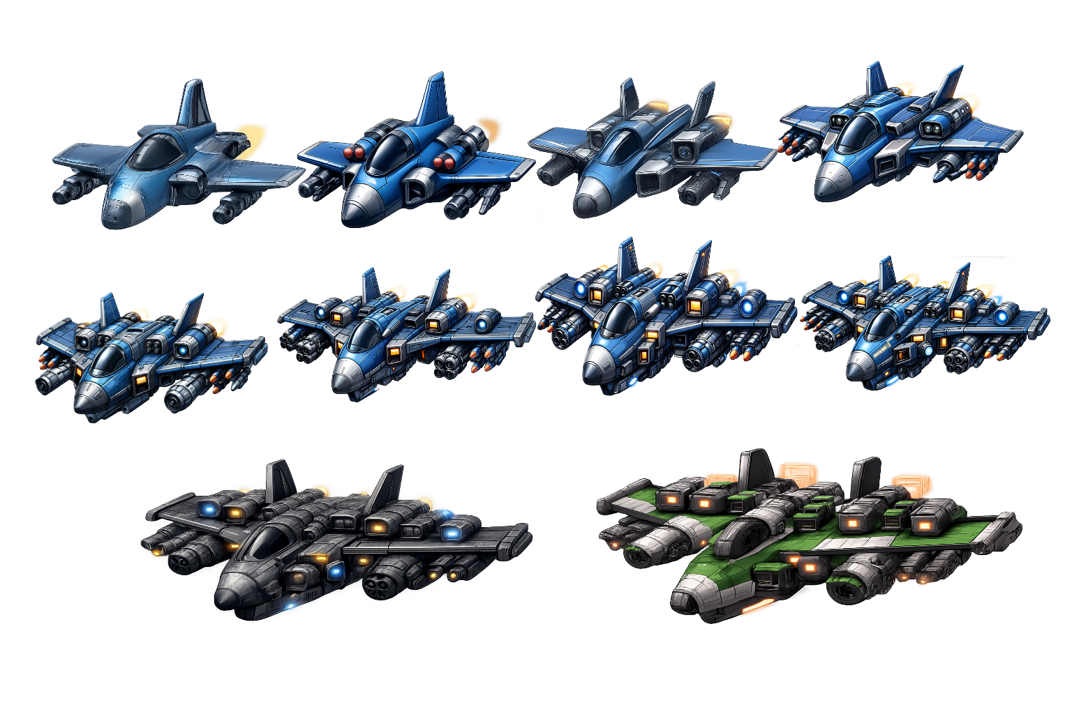 2D Fighter Jet Sprites Pack – 10 Jets (LV1–LV10) – Top-Down Cartoon PNG ...