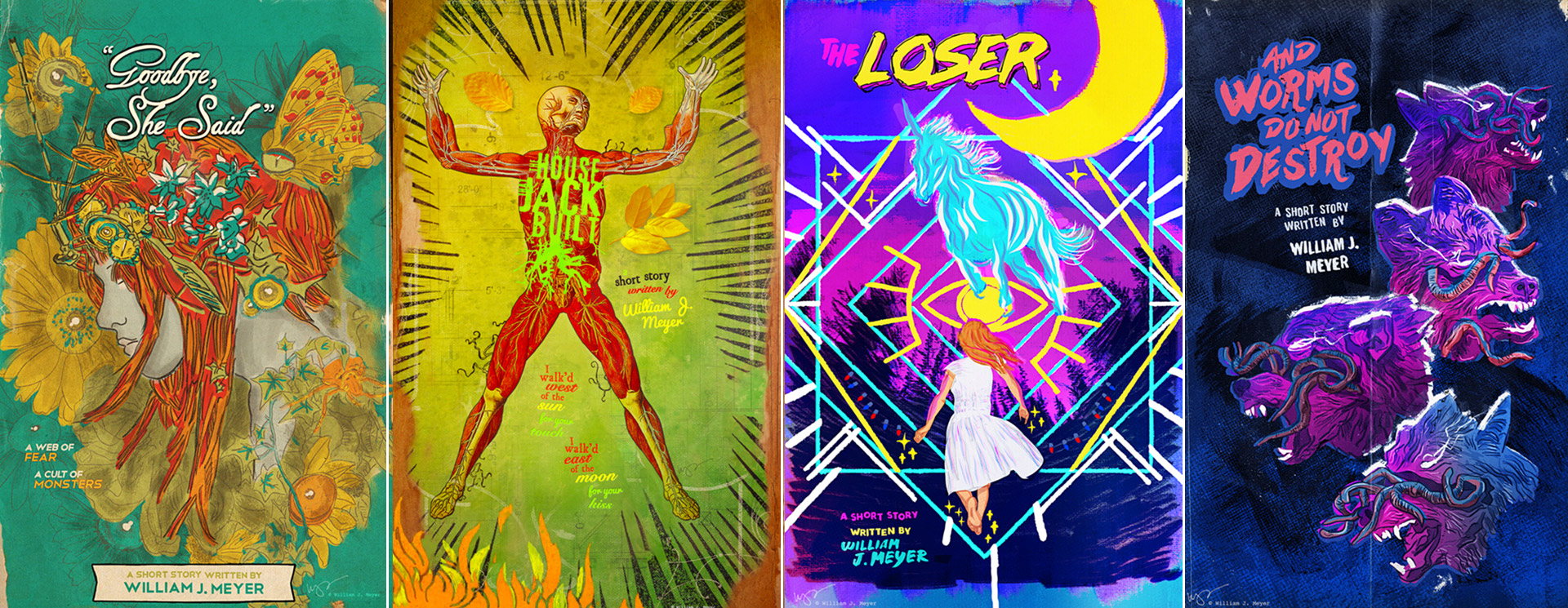 Four posters. Left to right: Goodbye She Said, The House That Jack Built, The Loser, And Worms Do Not Destroy