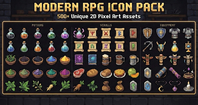 500+ RPG Icons Pixel Art Pack by Seveneves.ai