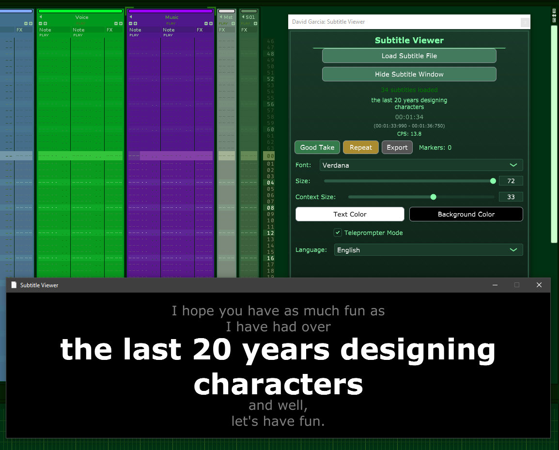 Subtitle Viewer VST in Renoise with prompter mode on