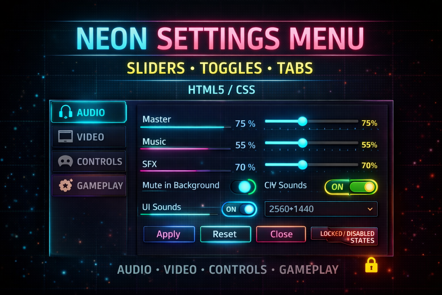 Neon Settings Menu — Sliders, Toggles & Tabs (HTML5 / CSS) by Mickyboy9