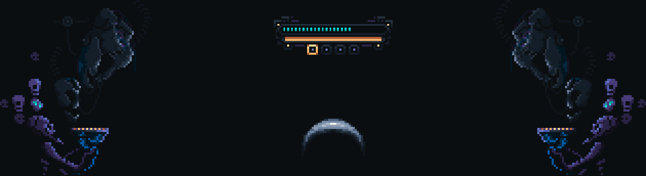 Pixel art sci-fi scene with two astronauts on each side, a planet below, and a game UI bar at the top center.