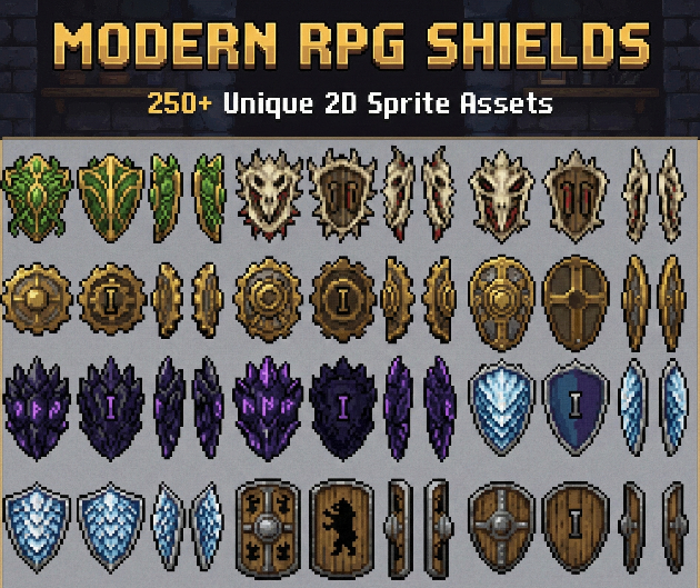 Shield Icon Rpg 250+ RPG Shield Sprites Pixel Art Pack by Seveneves.ai