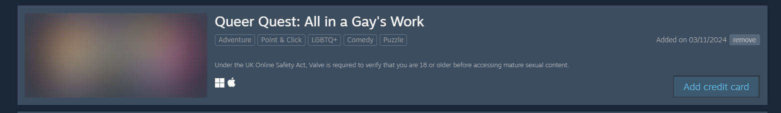 Image of a Steam page for Queer Quest: All In A Gay's work inaccessible in the UK.