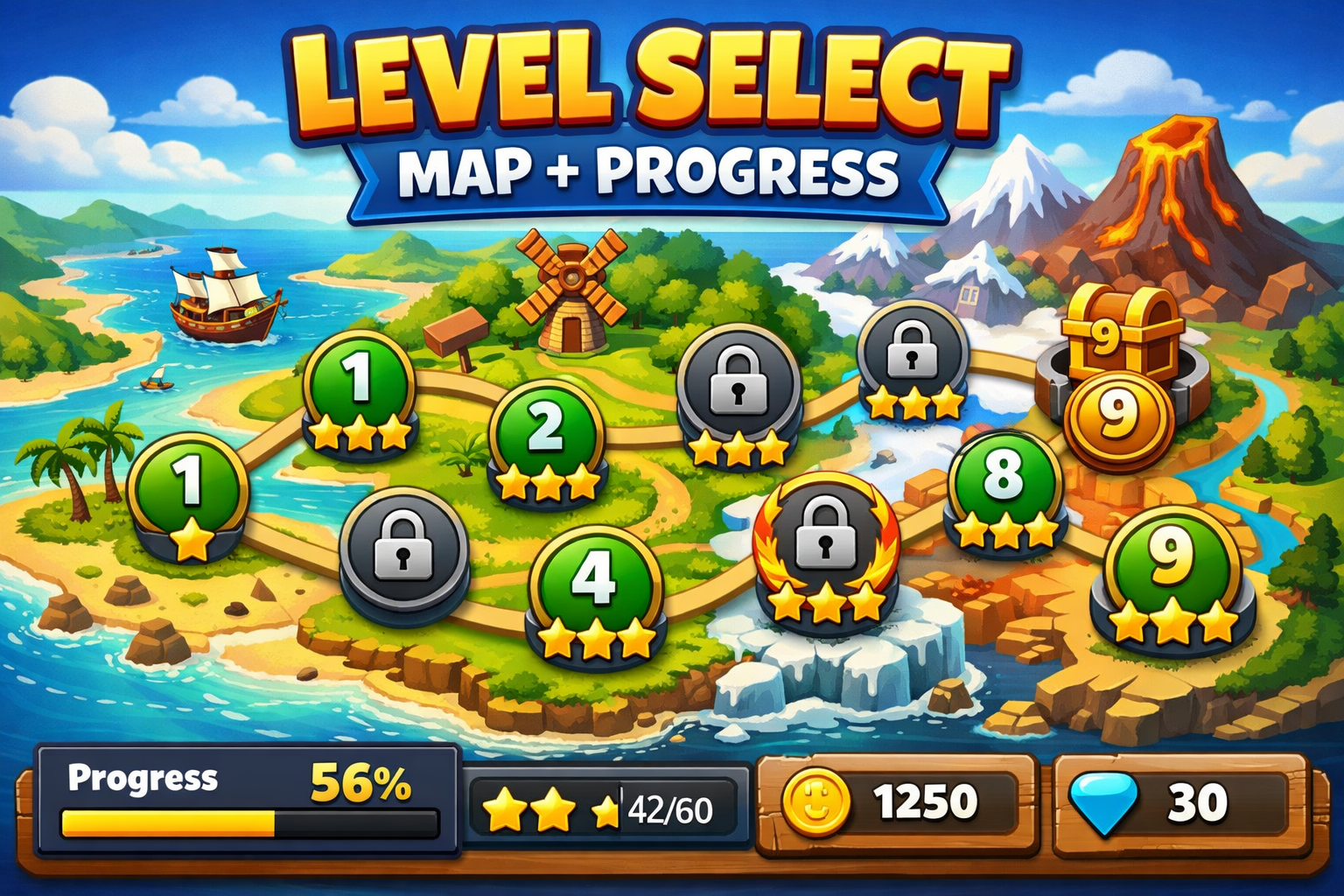 Level Select Map + Progress For Unity