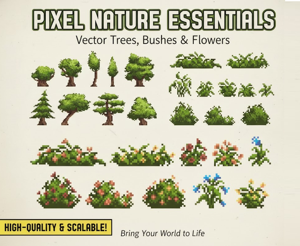 Pixel Nature Essentials: Vector Trees & Bushes Asset Pack by Mr Bit