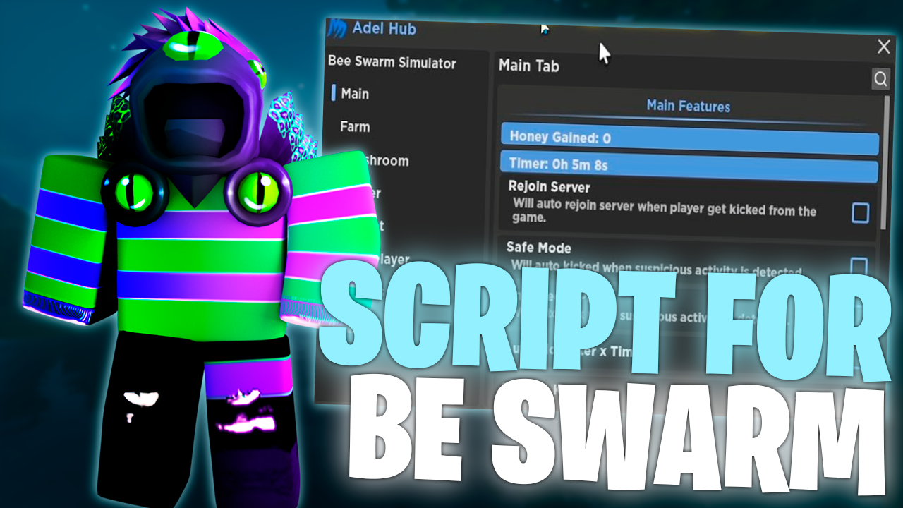 Bee Swarm Simulator Script GUI showing auto-farm, teleport, and ESP controls