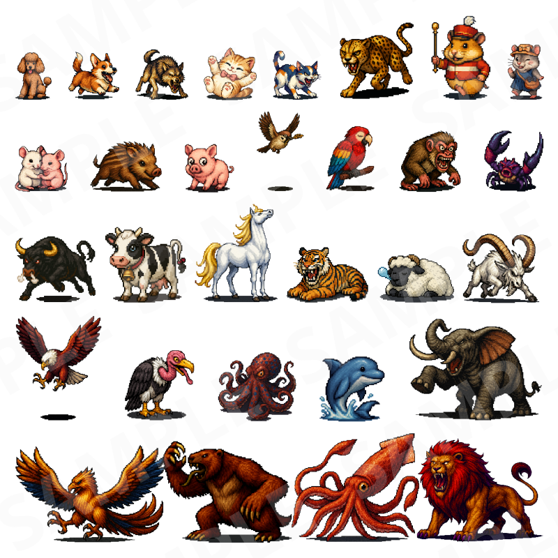 Pixelated Random Animal CP02 — 30 Pixel Animals (PNG, S/M/L) by Pixel Material Studio