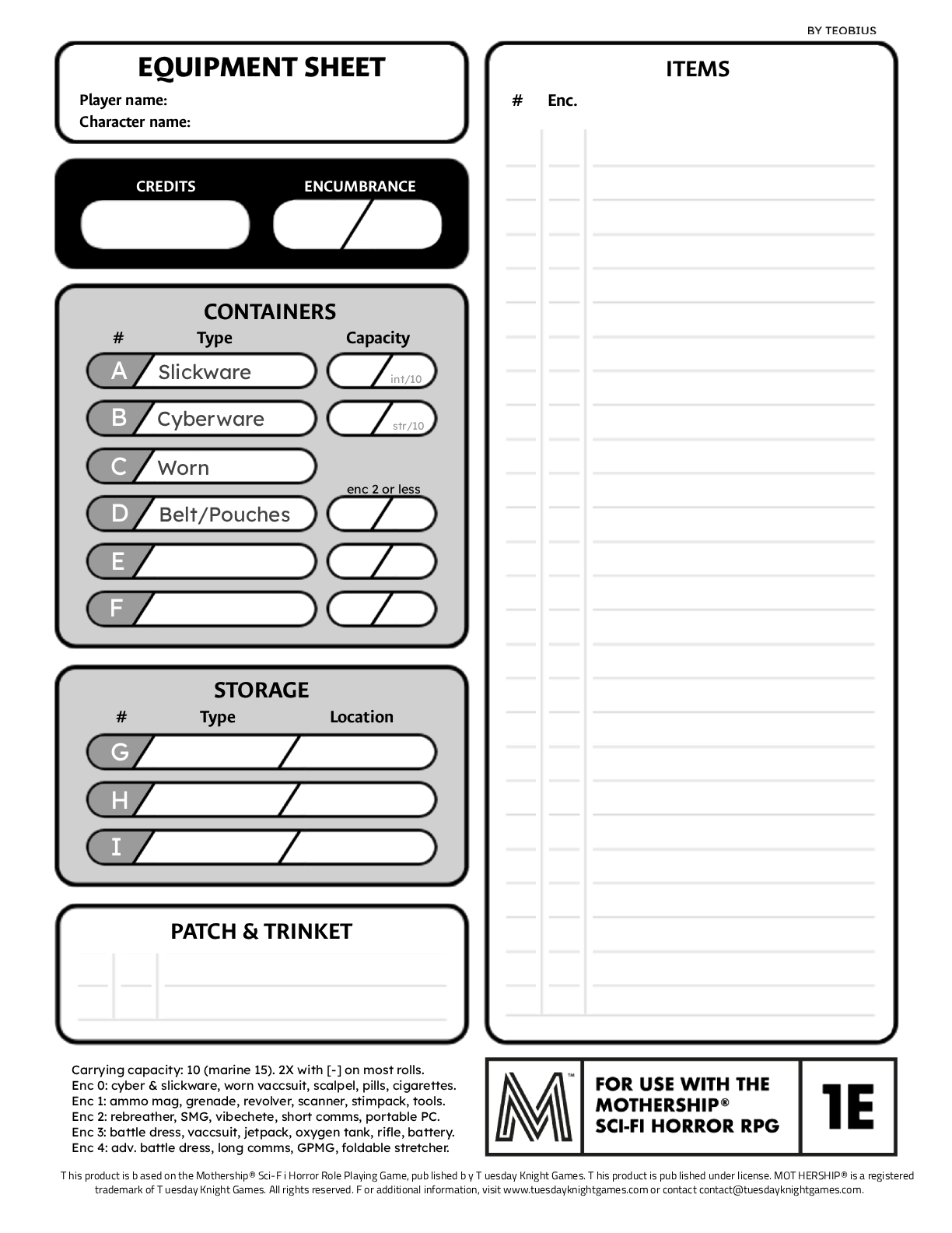Cover image for Equipment Sheet for Mothership RPG