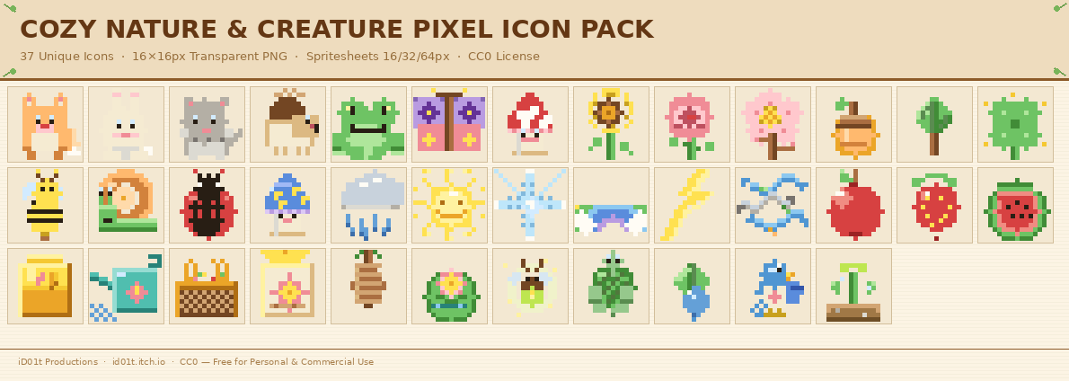COZY NATURE & CREATURE PIXEL ICON PACK - 37 Icons by iD01t Productions