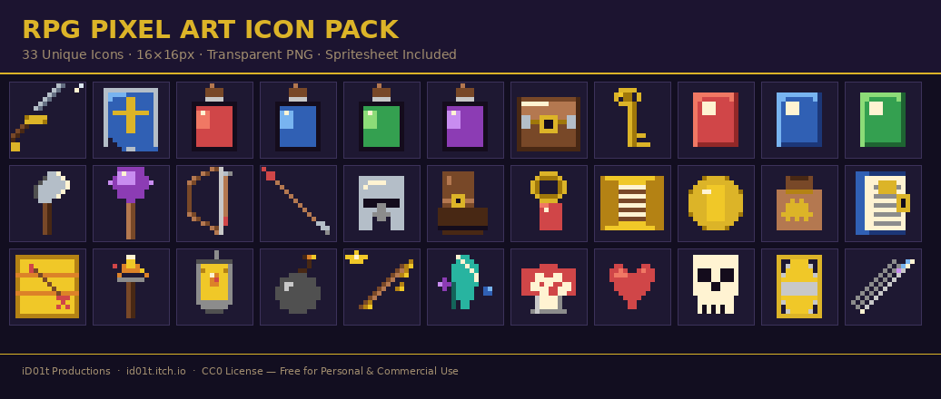 RPG PIXEL ART ICON PACK - 33 Fantasy Icons by iD01t Productions