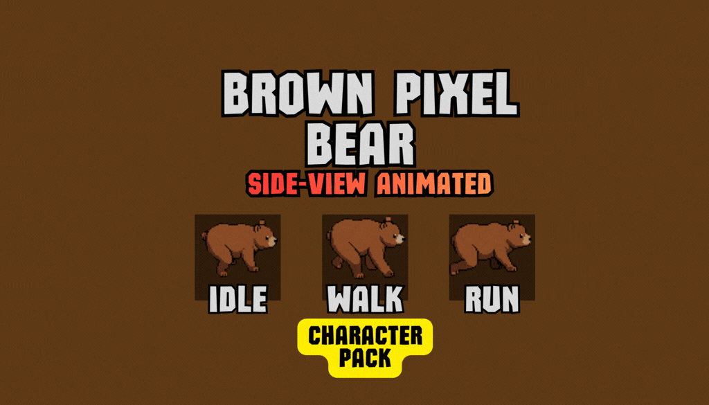 Brown Pixel Bear: Side-View Animated
